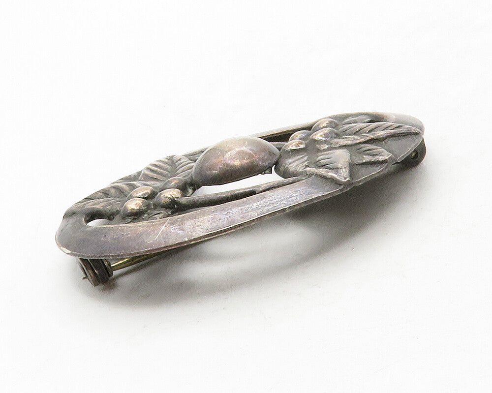 925 Sterling Silver  Vintage Dark Tone Floral Leaves Oval Brooch Pin  BP4954