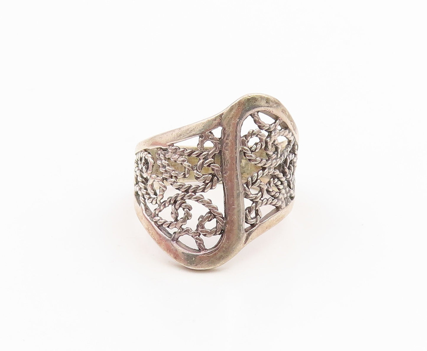 925 Sterling Silver Vintage Ring Openwork Twisted Rope Scroll Band Sz 7 RG36002