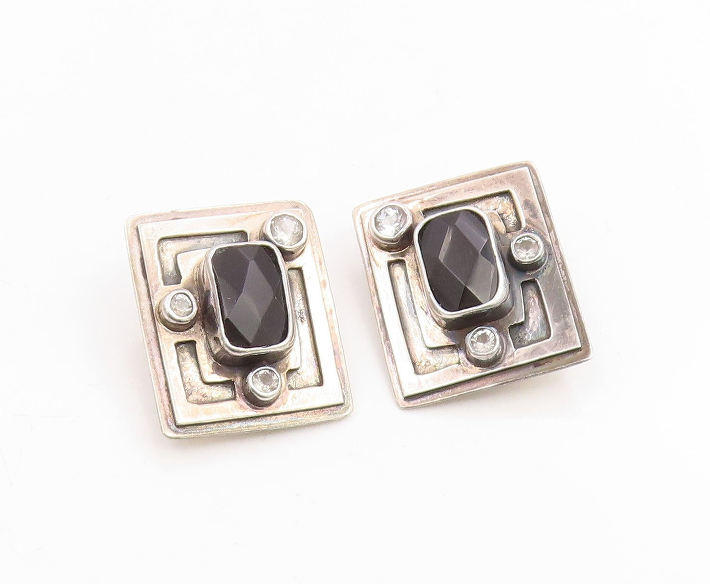 925 Sterling Silver Vintage Earrings MARGARET THURMAN Onyx & Topaz  EG14281