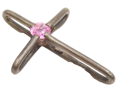 MEXICO 925 Sterling Silver  Vintage Solid Cross With Pink CZ Pendant  PT22303