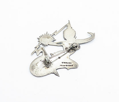 SIAM 925 Sterling Silver  Vintage Niello Detailed Dancer Brooch Pin  BP2463