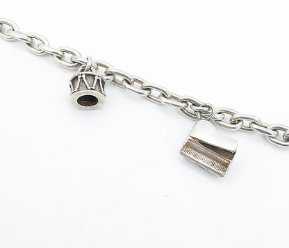 925 Sterling Silver  Vintage Musical Instrument Charmed Chain Bracelet  BT1973
