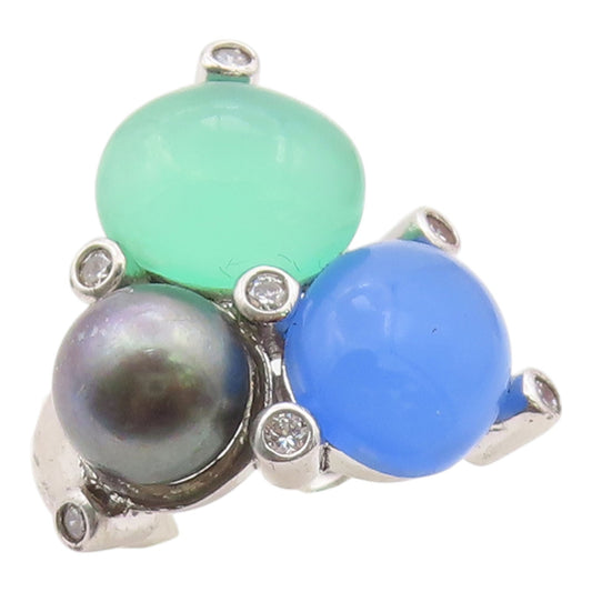 925 Sterling Silver Vintage Ring Pearl & Gemstone Cluster Band  Sz 7  RG36374