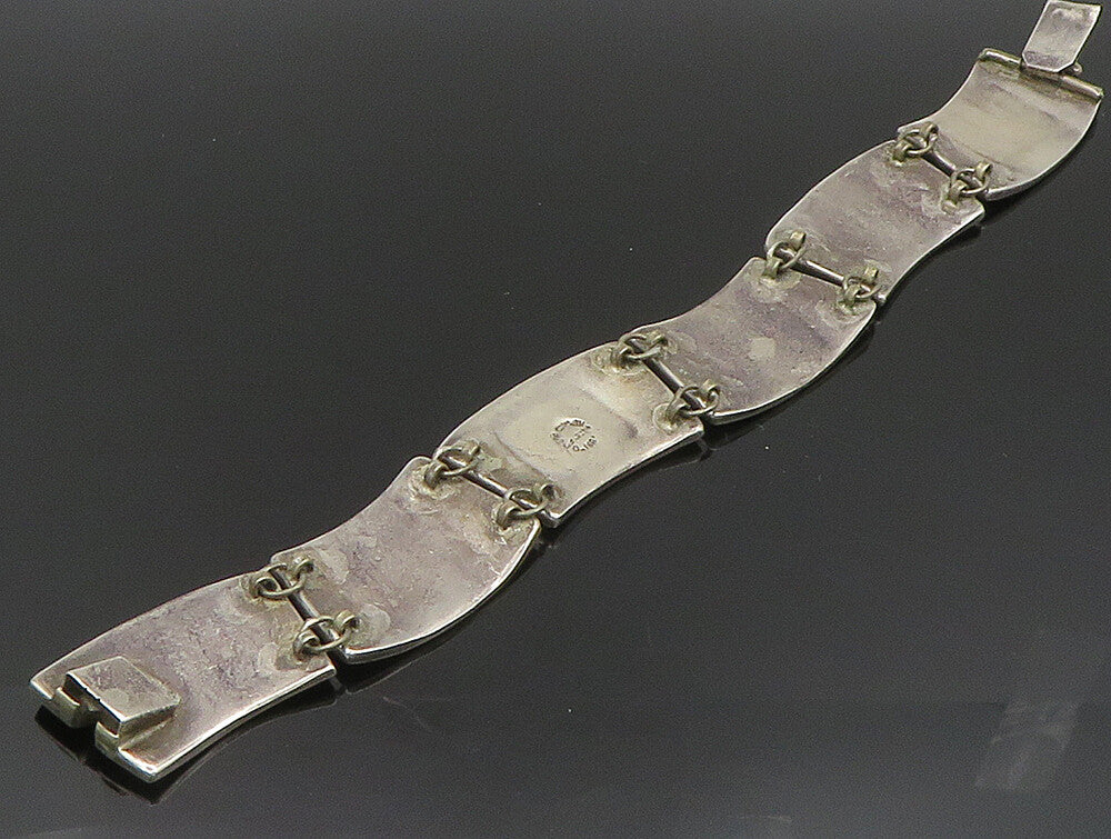 MEXICO 925 Silver  Vintage Etched Animal Green Turquoise Link Bracelet  BT9396
