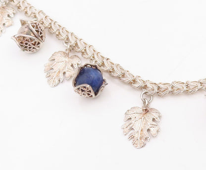 925 Sterling Silver Vintage Necklace Lapis Lazuli Beads Botanical Charm  NE4779