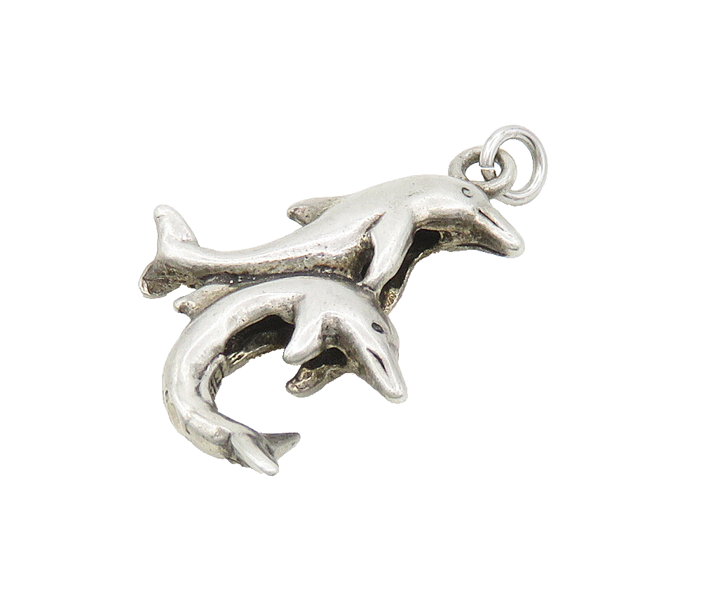 925 Sterling Silver  Vintage Shiny Smooth Dolphins Drop Pendant  PT12106