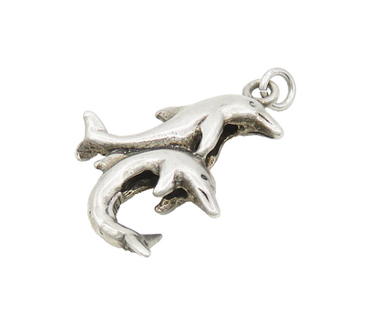 925 Sterling Silver  Vintage Shiny Smooth Dolphins Drop Pendant  PT12106
