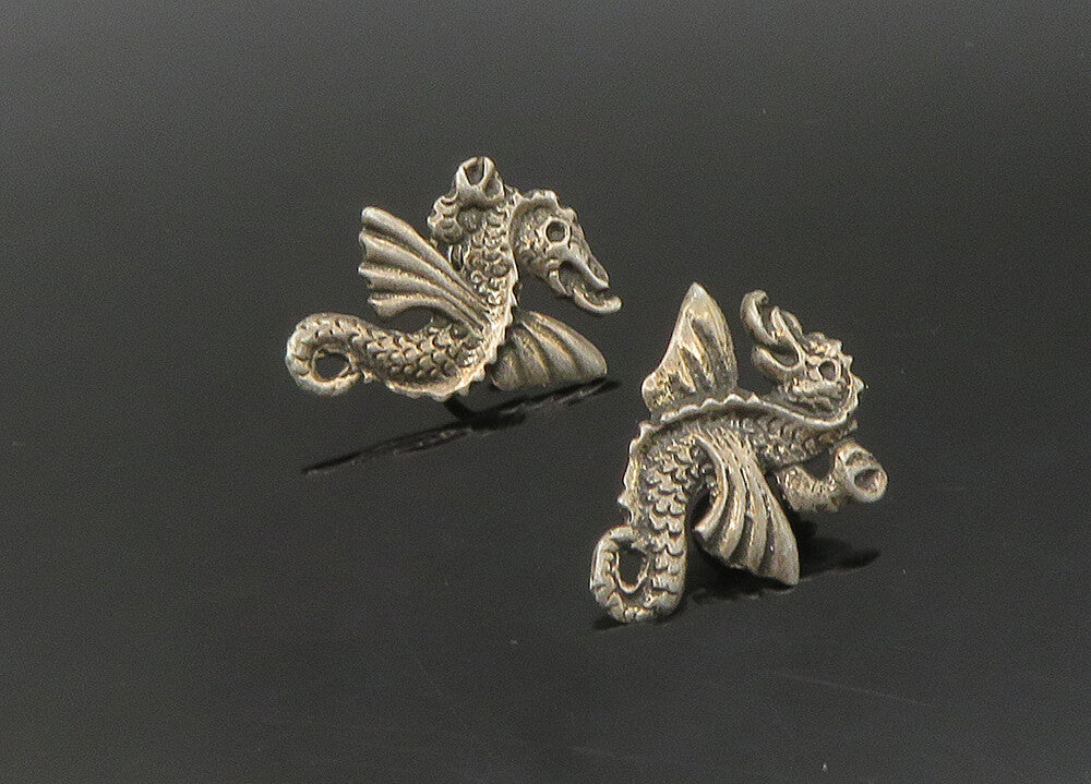 925 Sterling Silver   Vintage Dark Tone Seahorse Non Pierce Earrings  EG11279