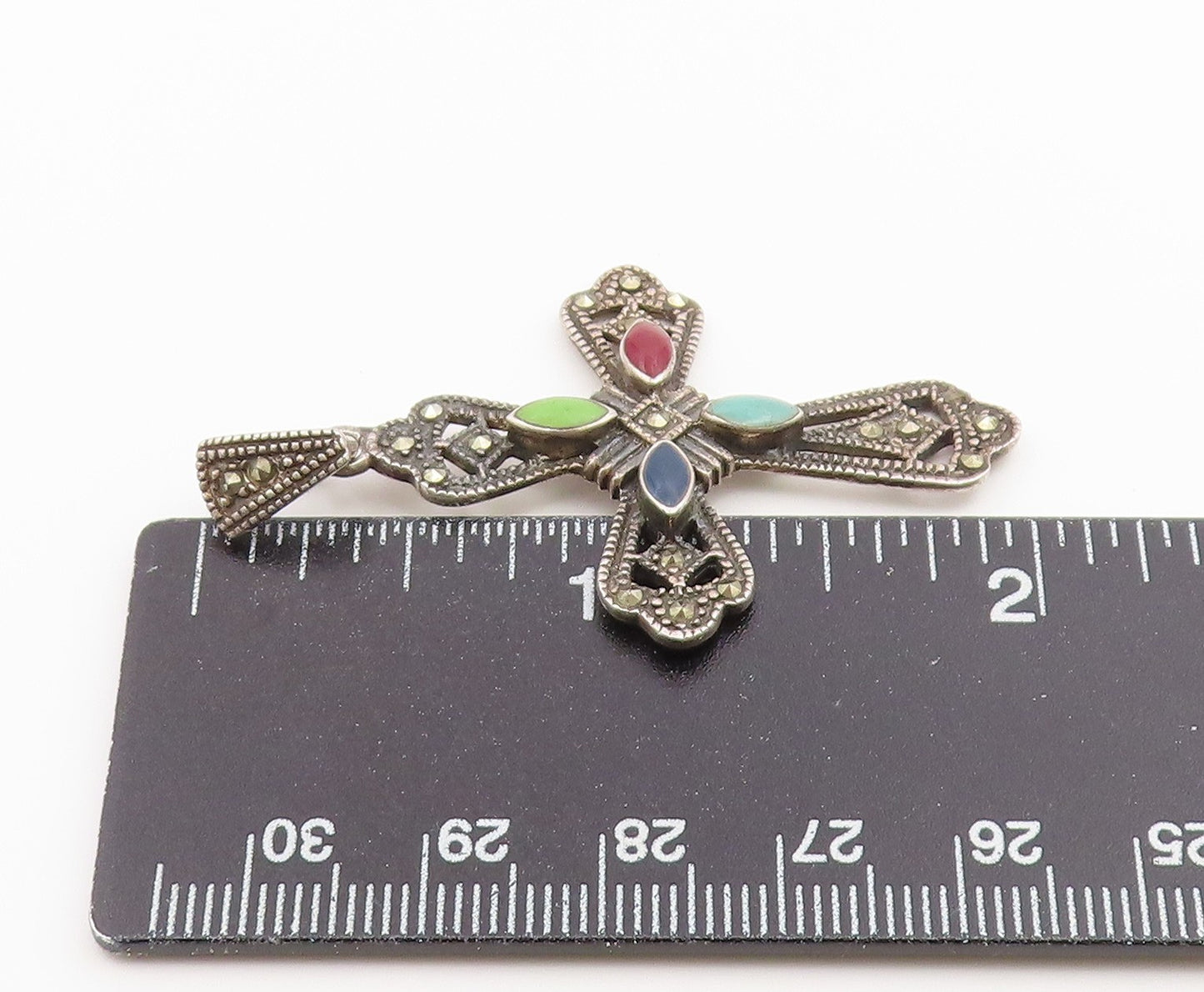 925 Sterling Silver Vintage Pendant Multi Gemstone Religious Cross Charm PT26562