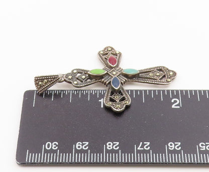 925 Sterling Silver Vintage Pendant Multi Gemstone Religious Cross Charm PT26562