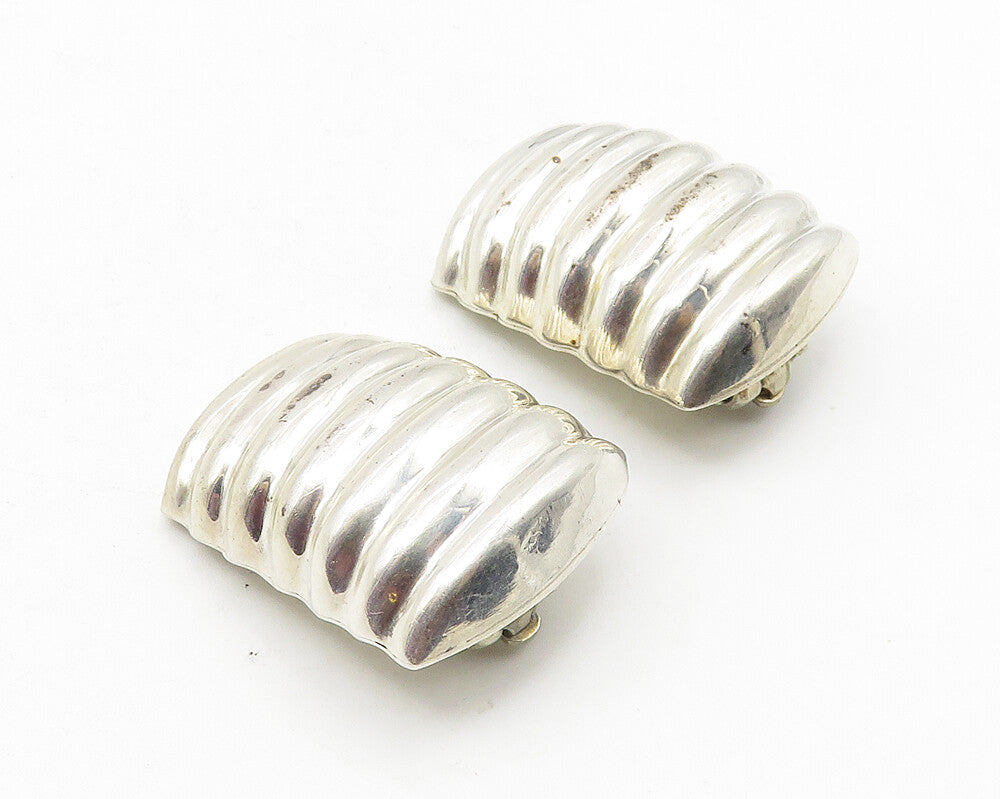 MEXICO 925 Silver   Vintage Shiny Hollow Fluted Non Pierce Earrings  EG5742