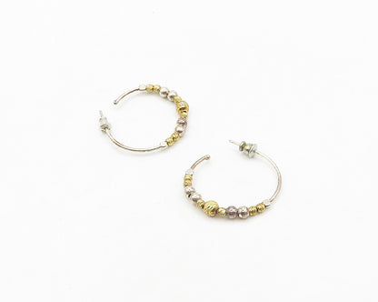 DYADEMA 925 Sterling Silver Vintage Shiny Two Tone Beaded Hoop Earrings EG9758