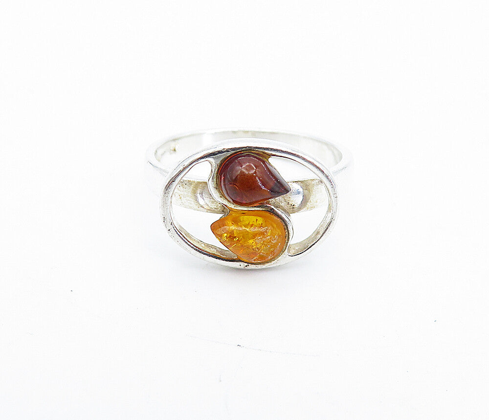 POLAND 925 Sterling Silver  Vintage Tear Drop Amber Band Ring Sz 6.5  RG4311