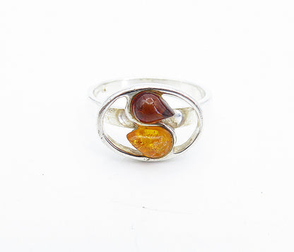 POLAND 925 Sterling Silver  Vintage Tear Drop Amber Band Ring Sz 6.5  RG4311