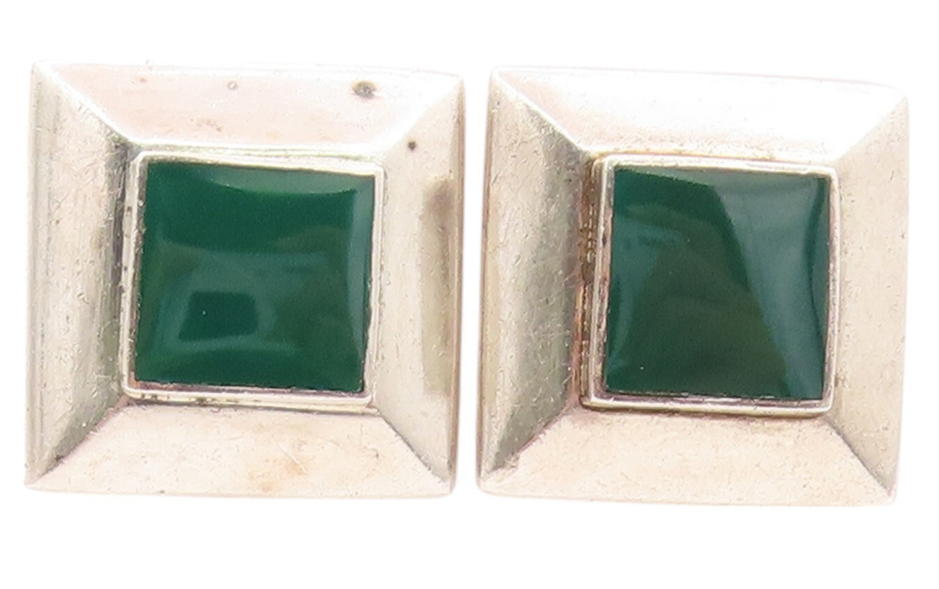 925 Sterling Silver Vintage Earrings Square Green Jade Halo Framed  EG13352