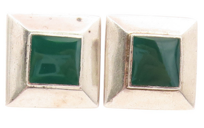 925 Sterling Silver Vintage Earrings Square Green Jade Halo Framed  EG13352