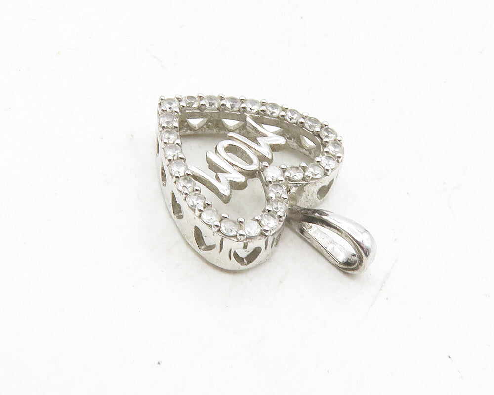 925 Sterling Silver  Petite Shiny White Topaz Mom Love Heart Pendant  PT7931