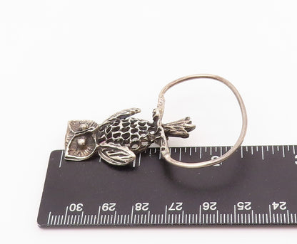 925 Sterling Silver Vintage Brooch Dark Tone Cutout Owl On Ring  BP11699