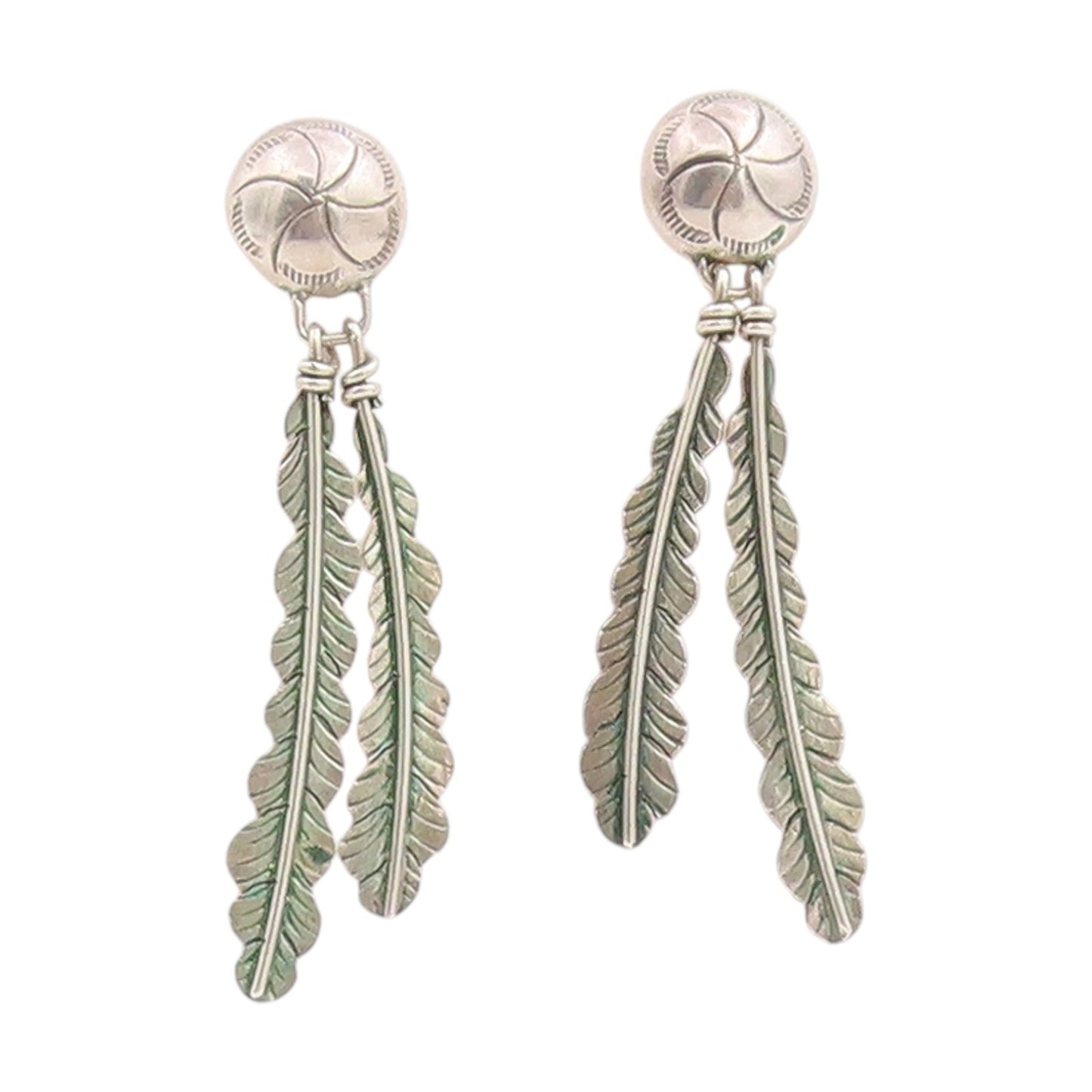 925 Sterling Silver Vintage Earrings SOUTHWESTERN Double Feather Dangle EG13731