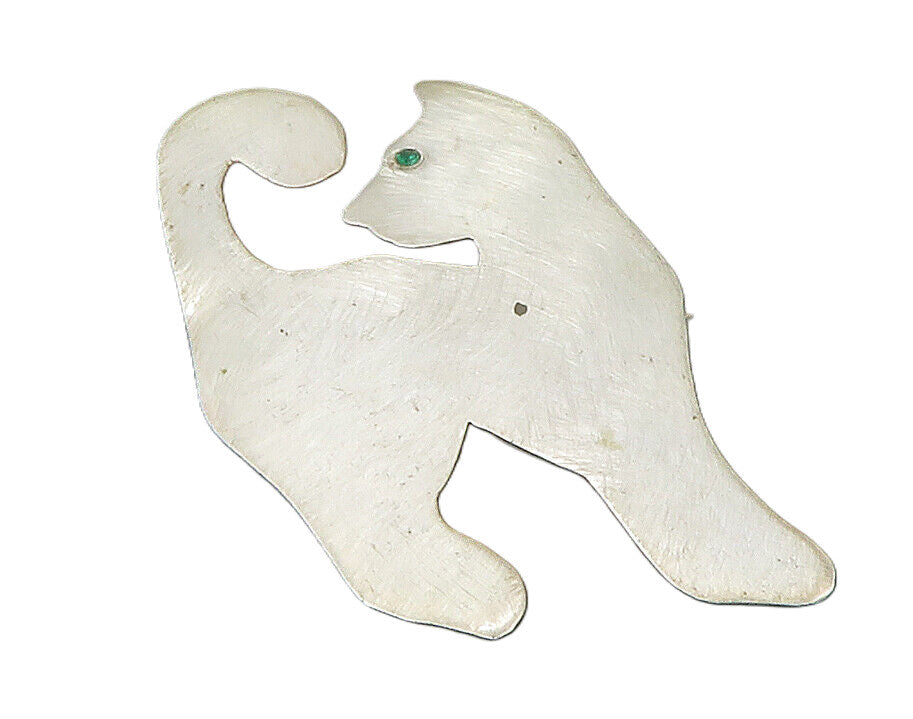 925 Sterling Silver  Vintage Green Topaz Eye Cat Motif Brooch Pin  BP4781