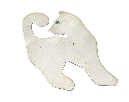 925 Sterling Silver  Vintage Green Topaz Eye Cat Motif Brooch Pin  BP4781