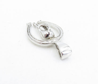 925 Sterling Silver  Vintage Shiny Etched Horse Shoe & Tail Pendant  PT3646