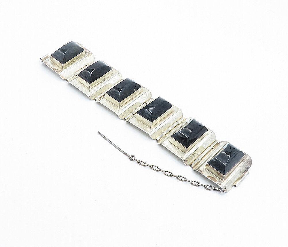 ARR MEXICO 925 Silver  Vintage Black Onyx Panel Hinge Chain Bracelet  BT3350