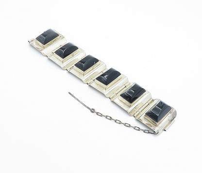 ARR MEXICO 925 Silver  Vintage Black Onyx Panel Hinge Chain Bracelet  BT3350