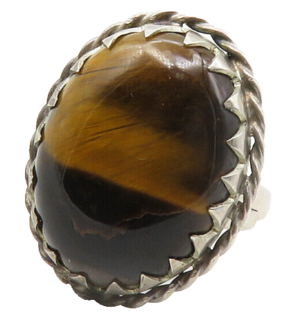 925 Sterling Silver  Vintage Tiger's Eye Serrated Cocktail Ring Sz 9  RG12590