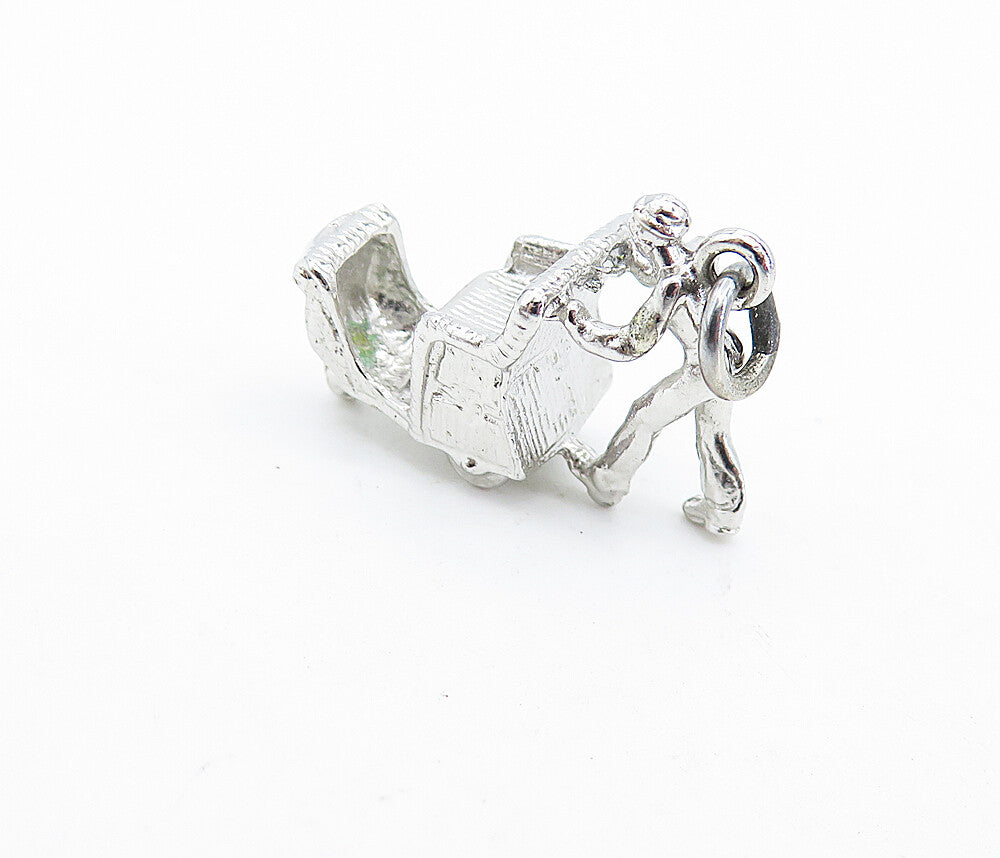 925 Sterling Silver  Vintage Shiny Man Pushing Carriage Drop Pendant  PT4759