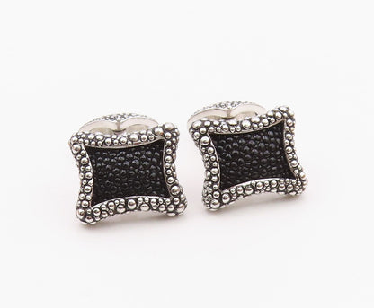 925 Sterling Silver  Shiny Cobble Border Two Tone Square Cuff Links  TR1794