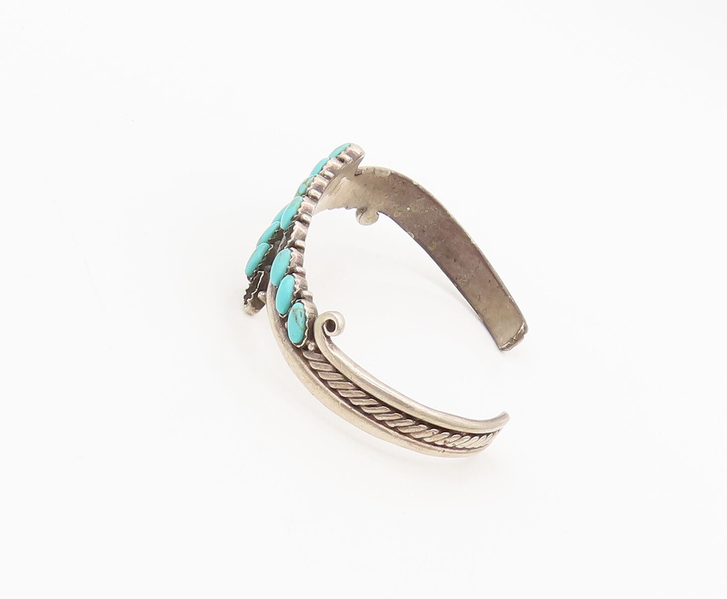 925 Sterling Silver Vintage Turquoise Leaf Swirly Carved Cuff Bracelet BT10038