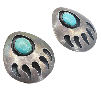 NAVAJO 925 Sterling Silver  Vintage Turquoise Bear Print Drop Earrings  EG3323