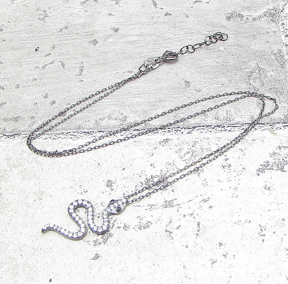 925 Silver  Sapphire & Cubic Zirconia Dark Tone Snake Chain Necklace  PT1351