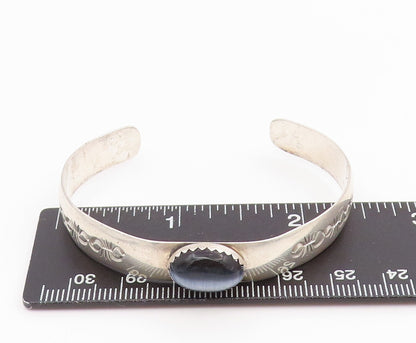 925 Sterling Silver Vintage Bracelet Oval Cabochon Cat Eye Etched Cuff  BT11635