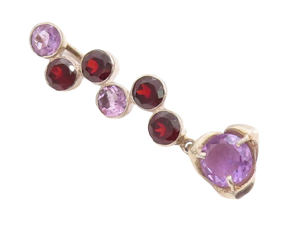 925 Sterling Silver Vintage Pendant Designer Amethyst & Garnet Drop   PT23348
