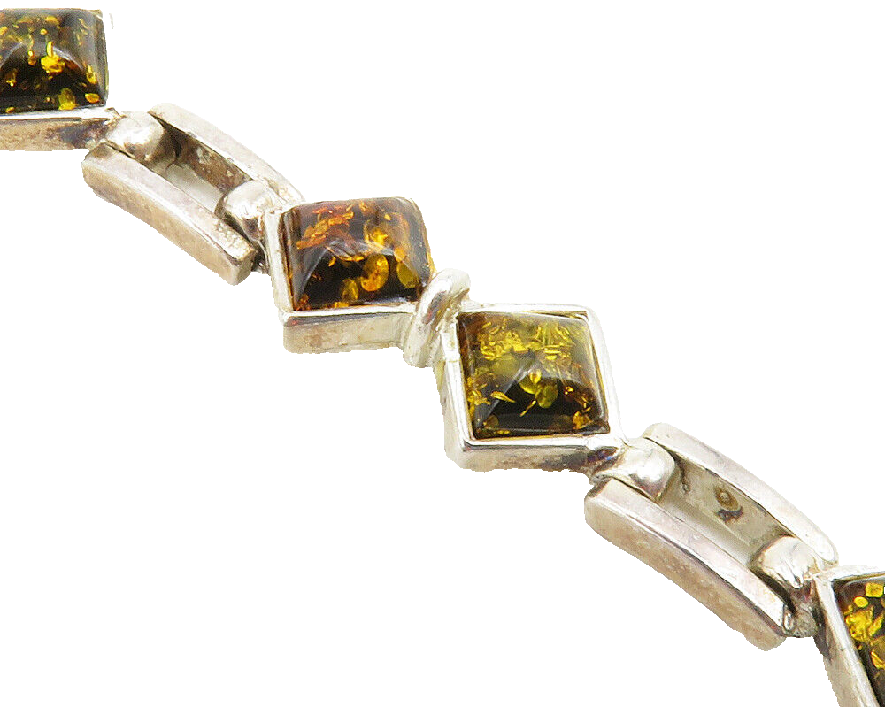 925 Sterling Silver  Vintage Cabochon Amber Hinge Link Chain Bracelet   BT4670