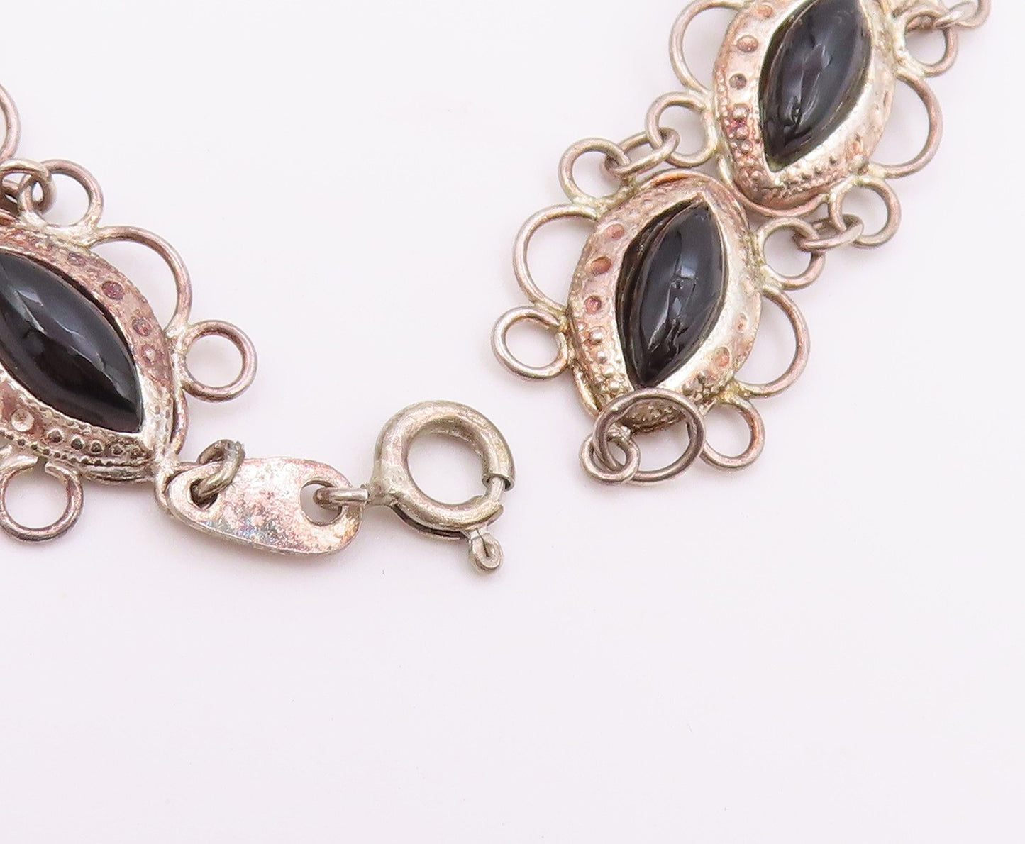 925 Silver  Vintage Open Circle Edge Marquise Black Onyx Chain Bracelet BT9559