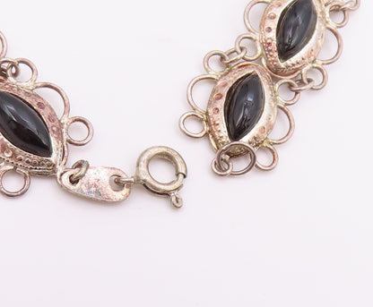 925 Silver  Vintage Open Circle Edge Marquise Black Onyx Chain Bracelet BT9559
