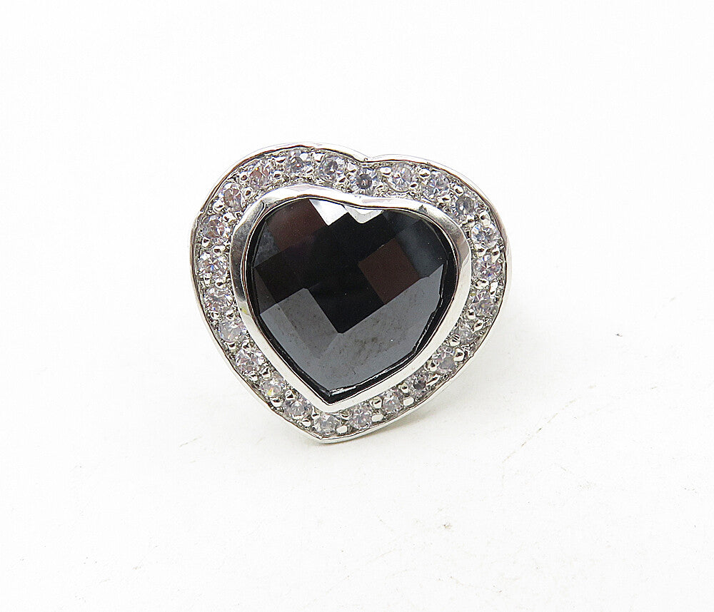 925 Sterling Silver  Hematite & Cubic Zirconia Heart Cocktail Ring Sz 8 RG9021