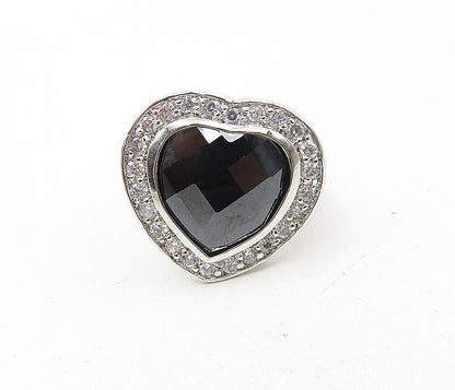 925 Sterling Silver  Hematite & Cubic Zirconia Heart Cocktail Ring Sz 8 RG9021