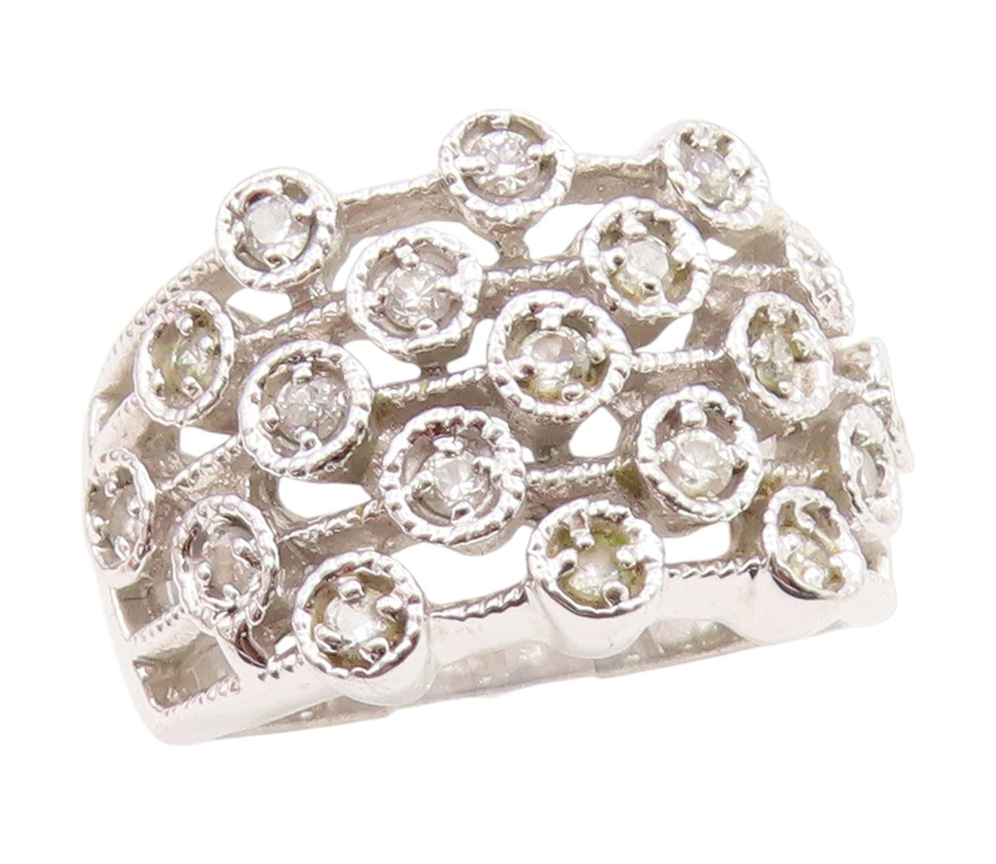 925 Sterling Silver Vintage Ring Round CZ Multi Row Openwork Band  Sz 7  RG35024
