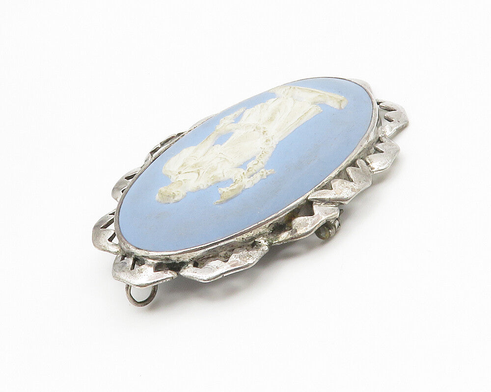 925 Sterling Silver  Vintage Carved Figure Blue Cameo Brooch Pin  BP5305