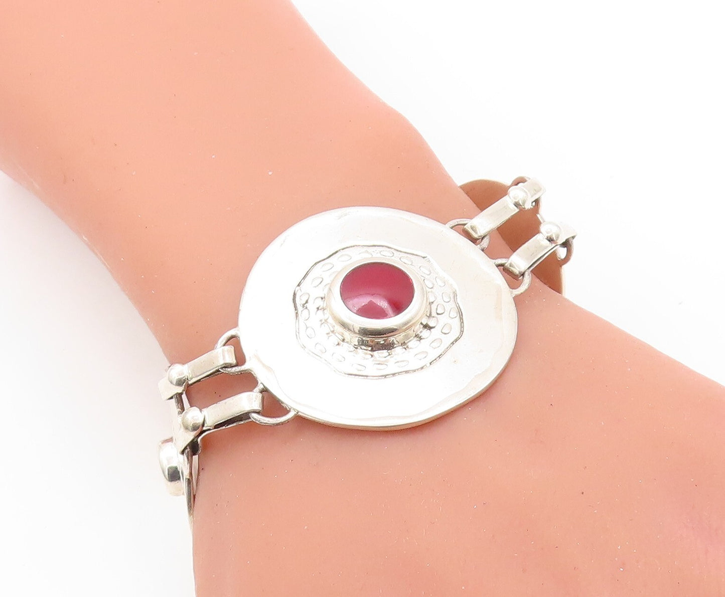 925 Sterling Silver Vintage Bracelet Round Brutalist Gemstone Inlay  BT10892