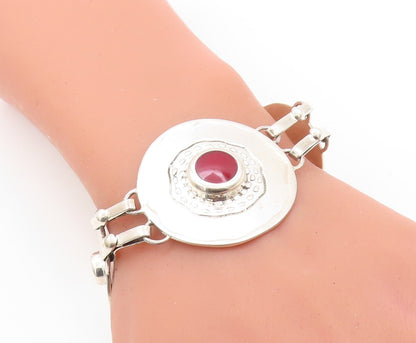 925 Sterling Silver Vintage Bracelet Round Brutalist Gemstone Inlay  BT10892