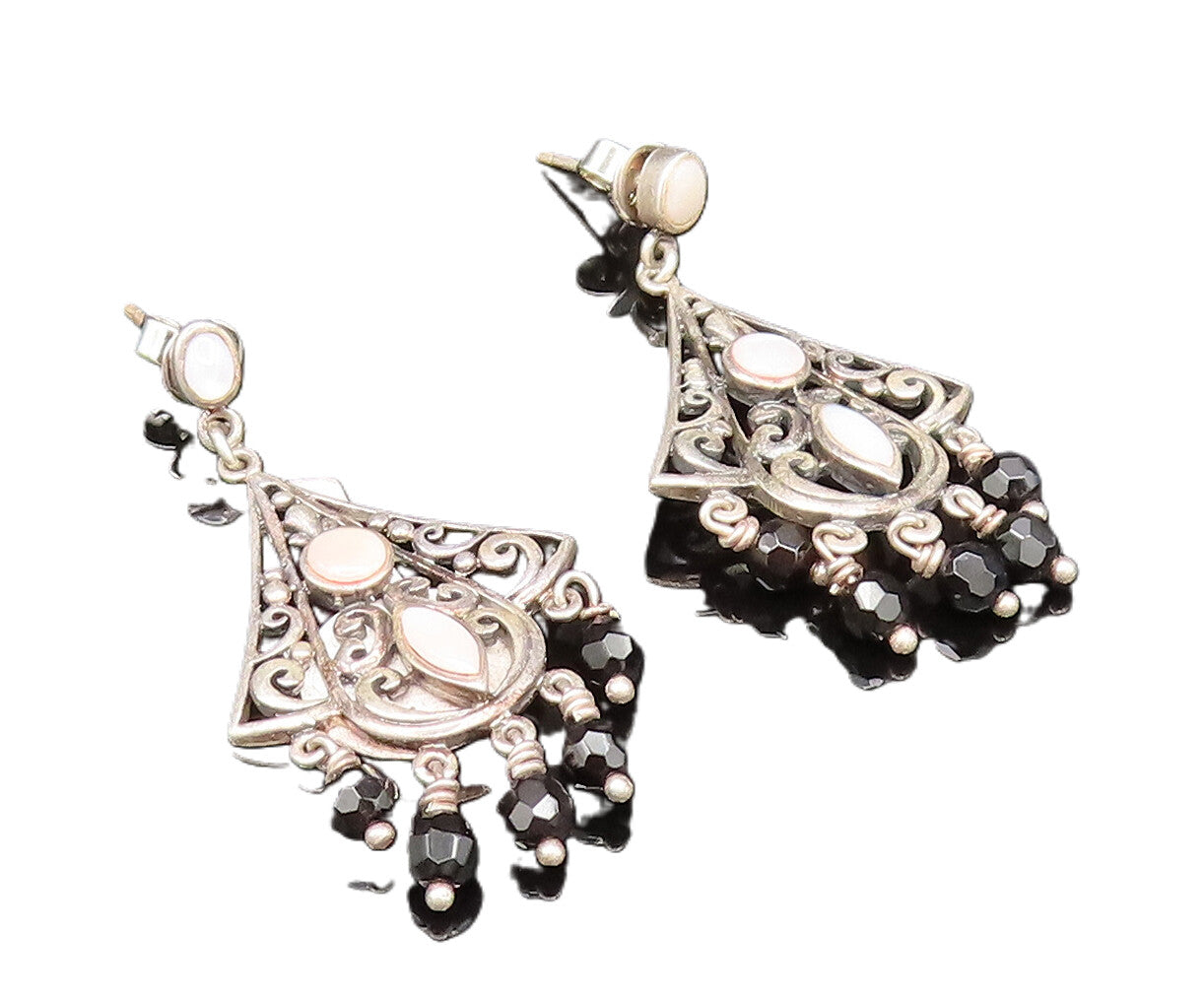 925 Silver  Vintage Mother Of Pearl & Spinel Beads Scroll Earrings  EG11745