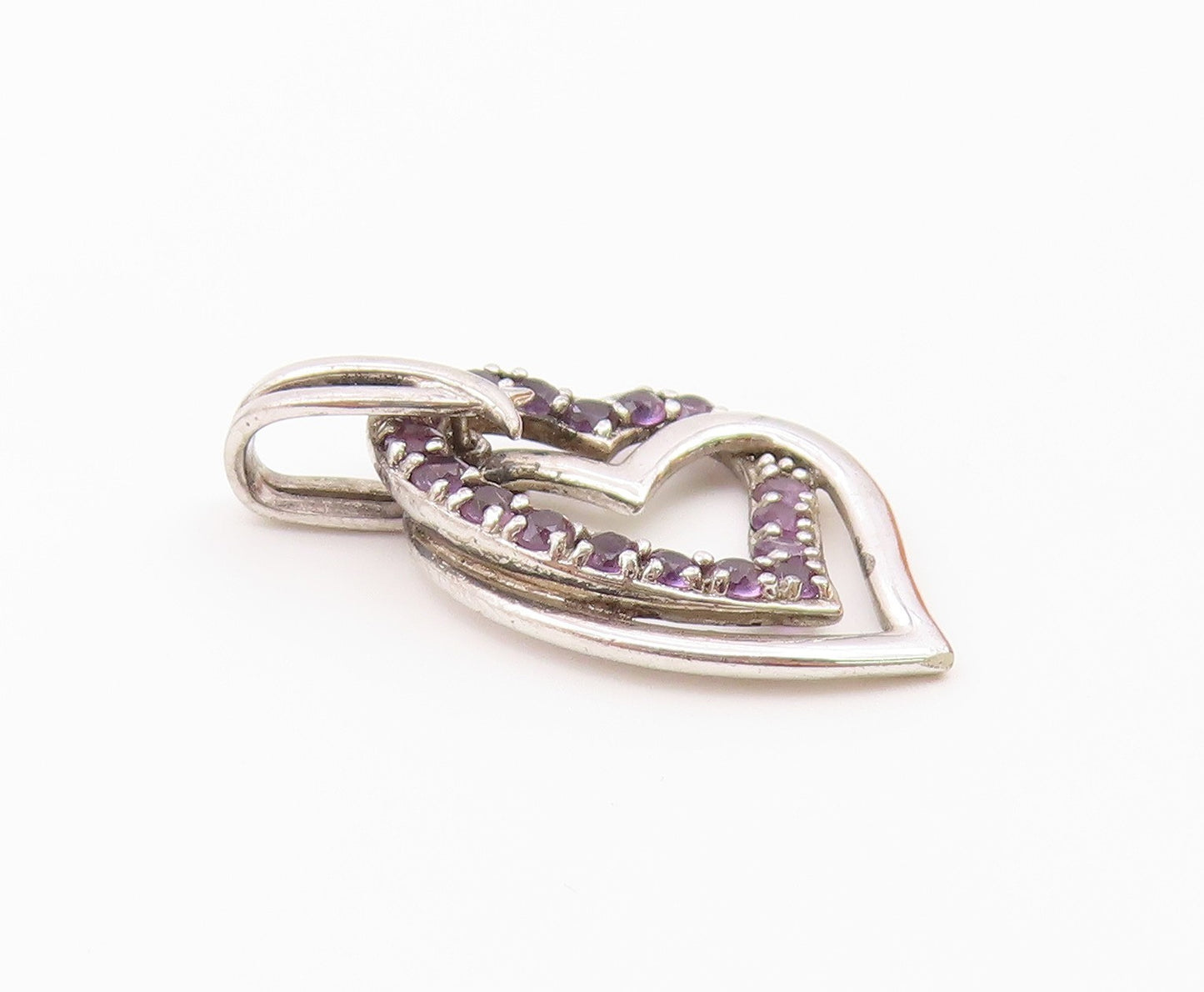 925 Sterling Silver  Vintage Amethyst Open Love Hearts Pendant  PT19117