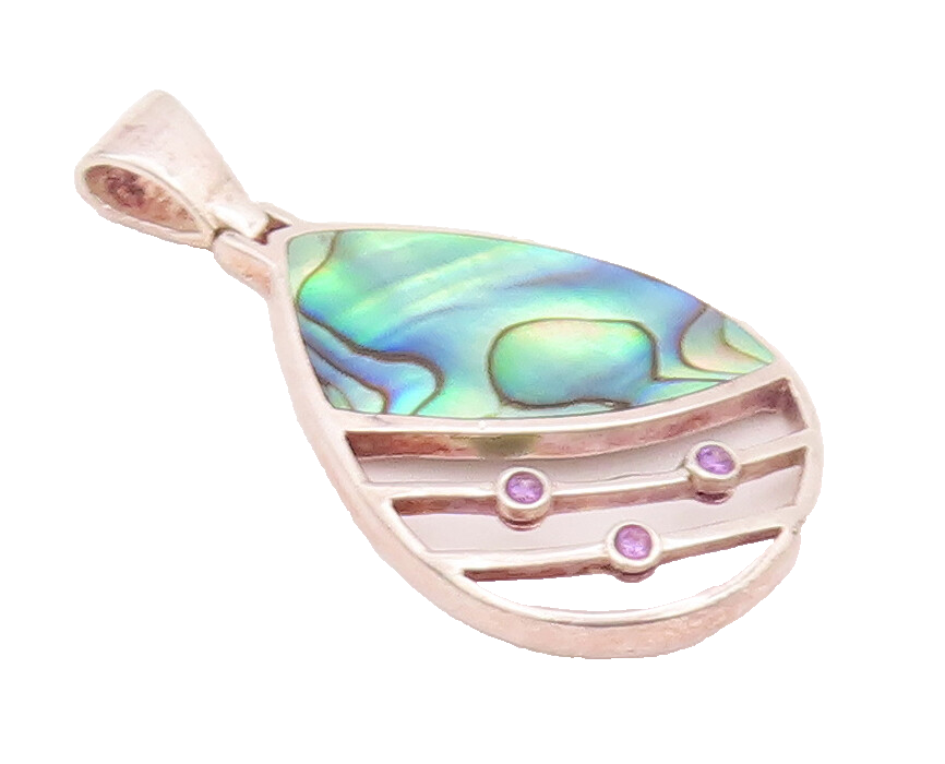 925 Sterling Silver Vintage Pendant Designer Abalone & Round Amethyst  PT22811