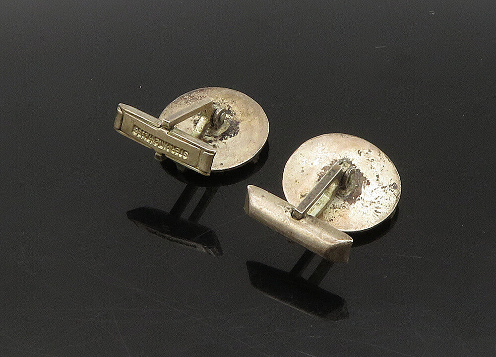 925 Sterling Silver  Vintage Oxidized Round Modernist Cufflinks  TR3137