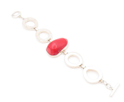925 Sterling Silver Vintage Bracelet Designer Cutout Large Red Gemstone  BT11161